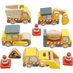 Le Toy Van - 7 Piece Wood Construction Toy Cars, Trucks & Diggers Set - Preschool