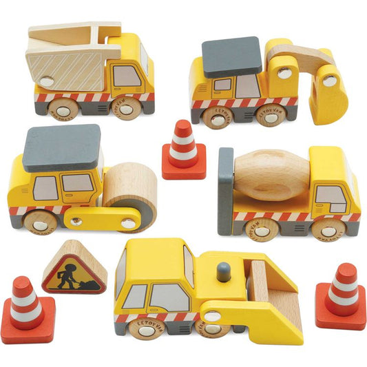Le Toy Van - 7 Piece Wood Construction Toy Cars, Trucks & Diggers Set - Preschool