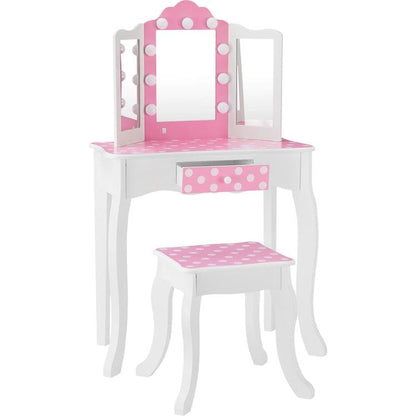 Teamson Kids - Fantasy Fields Gisele Polka Dot Kids Vanity Table & Stool with LED - Room Decor