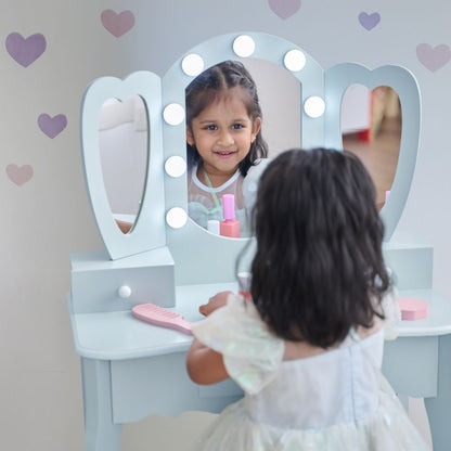 Teamson Kids - Heart Glow Wooden Vanity Set with LED Lights Mirror & Stool - Blue - Room Decor