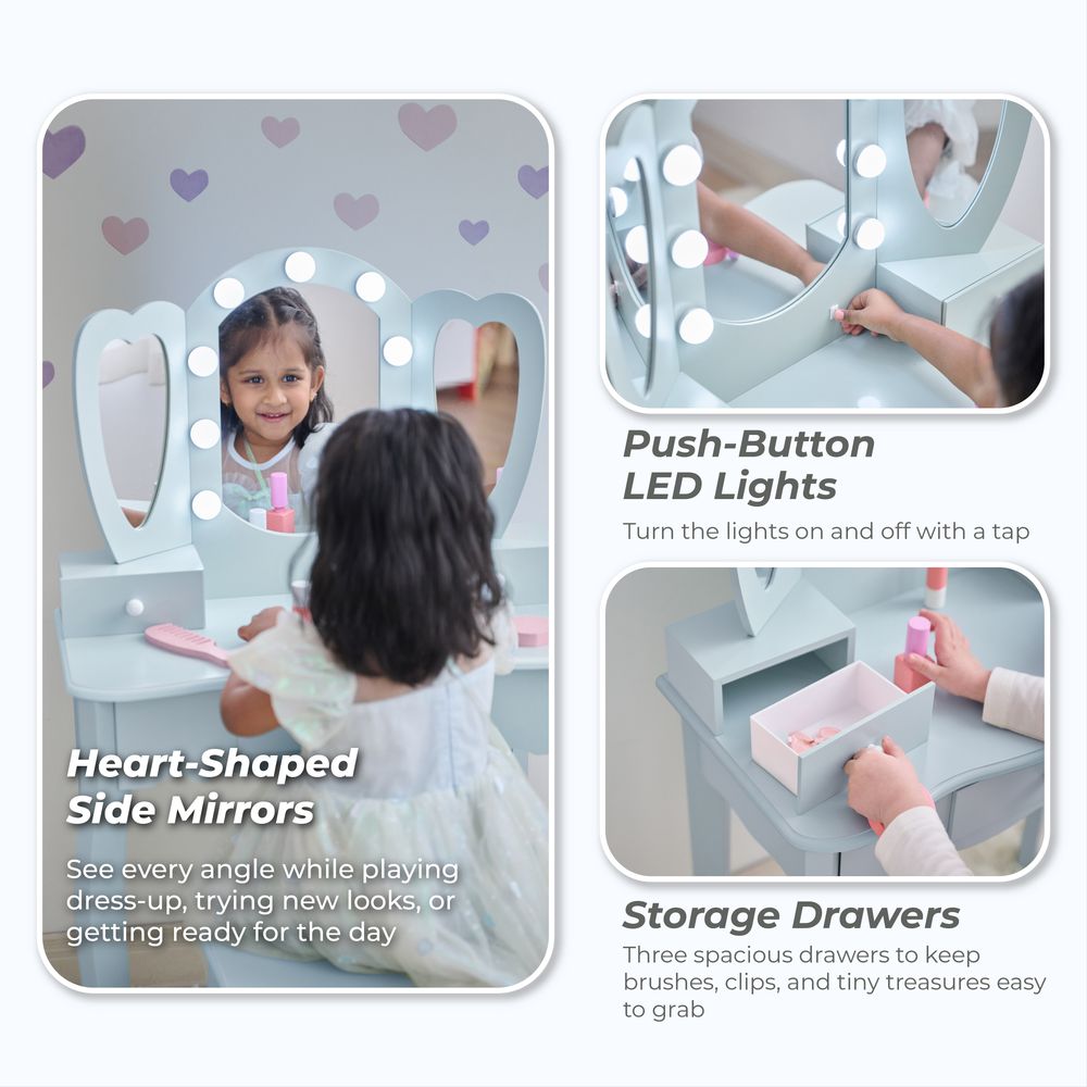 Teamson Kids - Heart Glow Wooden Vanity Set with LED Lights Mirror & Stool - Blue - Room Decor