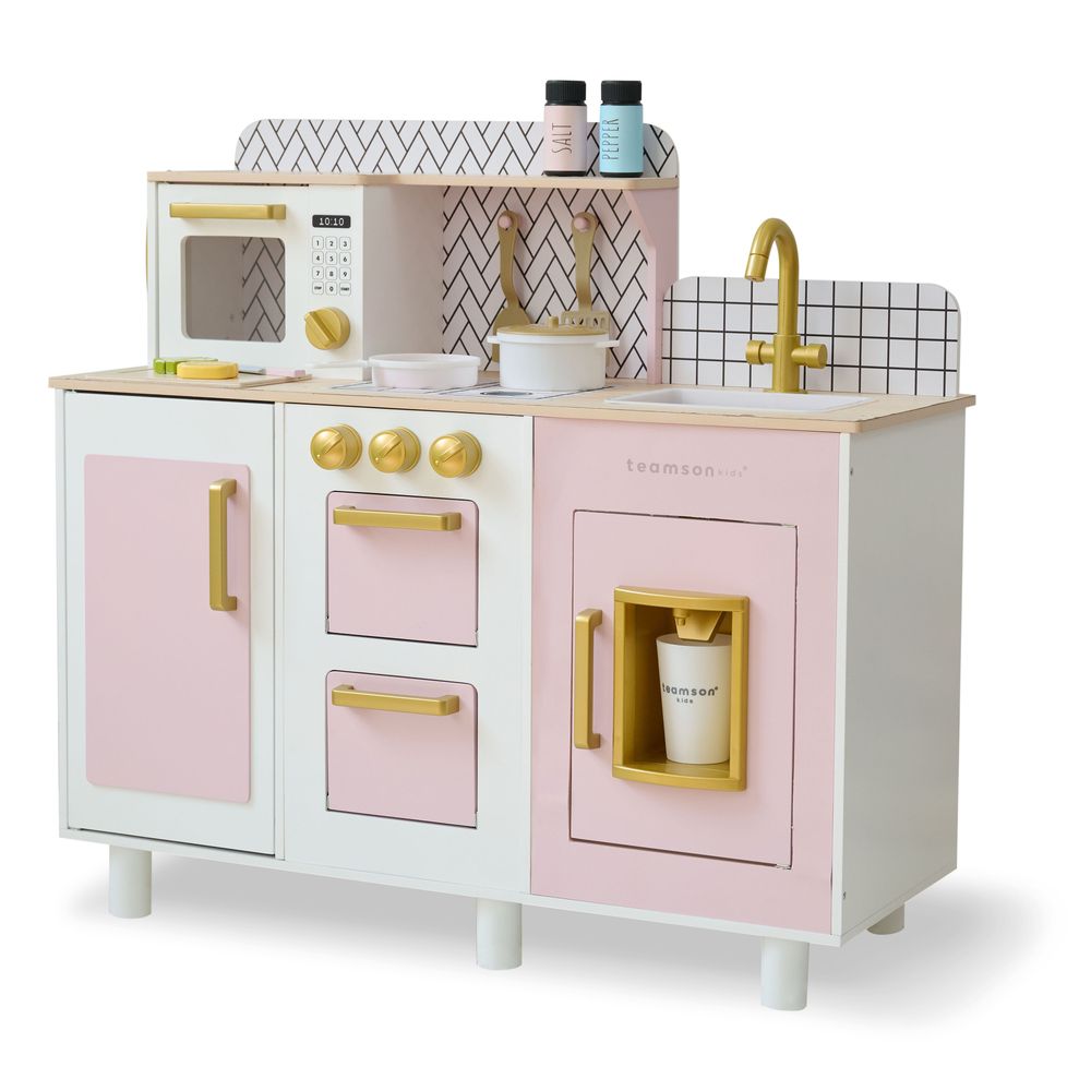 Teamson Kids - Little Chef Hampton Wooden Play Kitchen with Ice Dispenser & Sink - Pink - Preschool