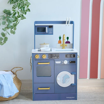 Teamson Kids - Little Chef Lake Tahoe Wooden Play Kitchen Washer & Mini Garden - Blue - Preschool