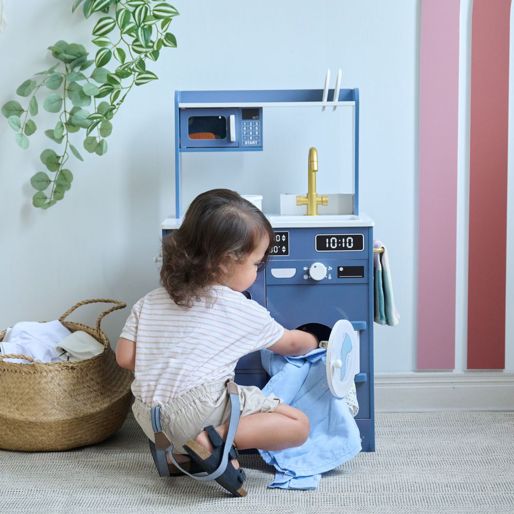 Teamson Kids - Little Chef Lake Tahoe Wooden Play Kitchen Washer & Mini Garden - Blue - Preschool