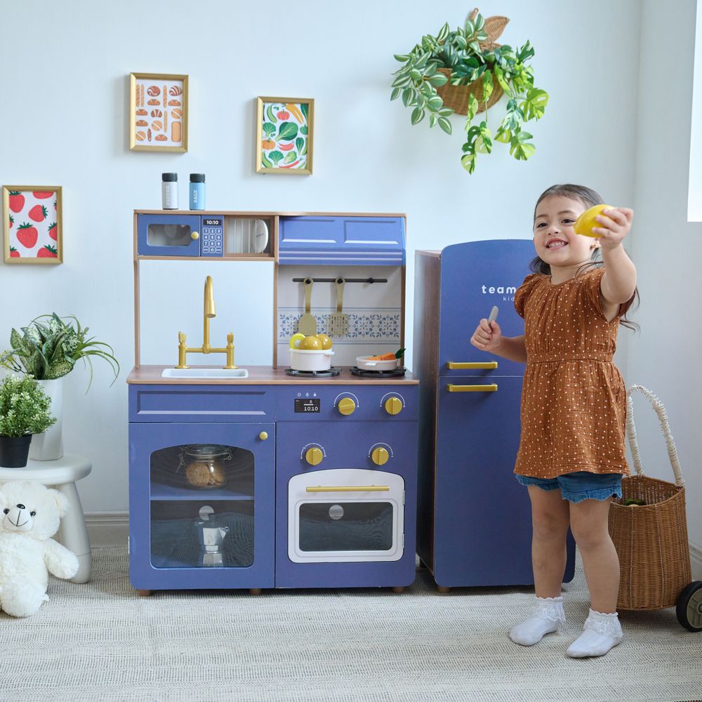 Teamson Kids - Little Chef Normandy Wooden Play Kitchen with Modular Fridge & Sink - Blue - Preschool