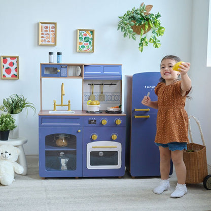 Teamson Kids - Little Chef Normandy Wooden Play Kitchen with Modular Fridge & Sink - Blue - Preschool