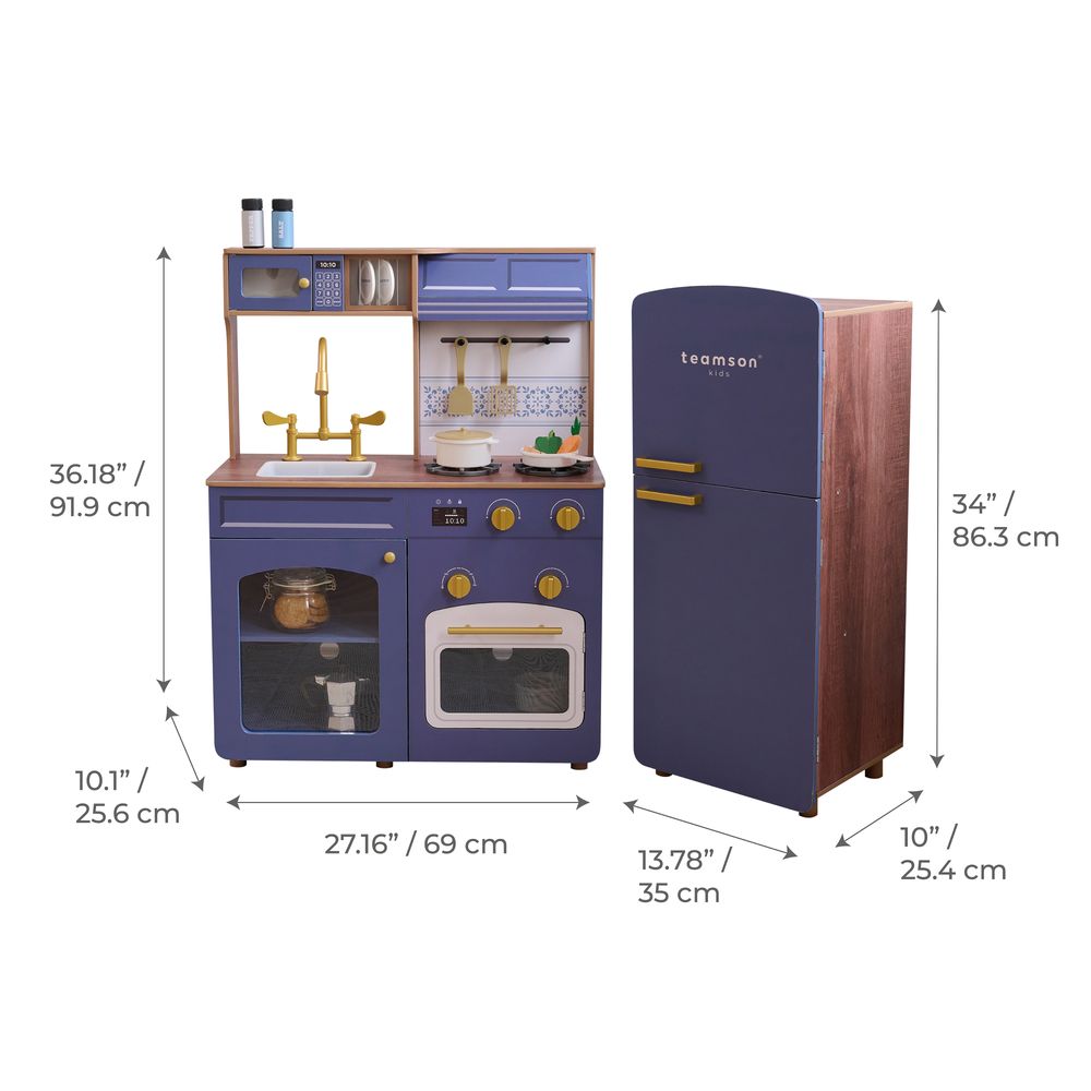 Teamson Kids - Little Chef Normandy Wooden Play Kitchen with Modular Fridge & Sink - Blue - Preschool