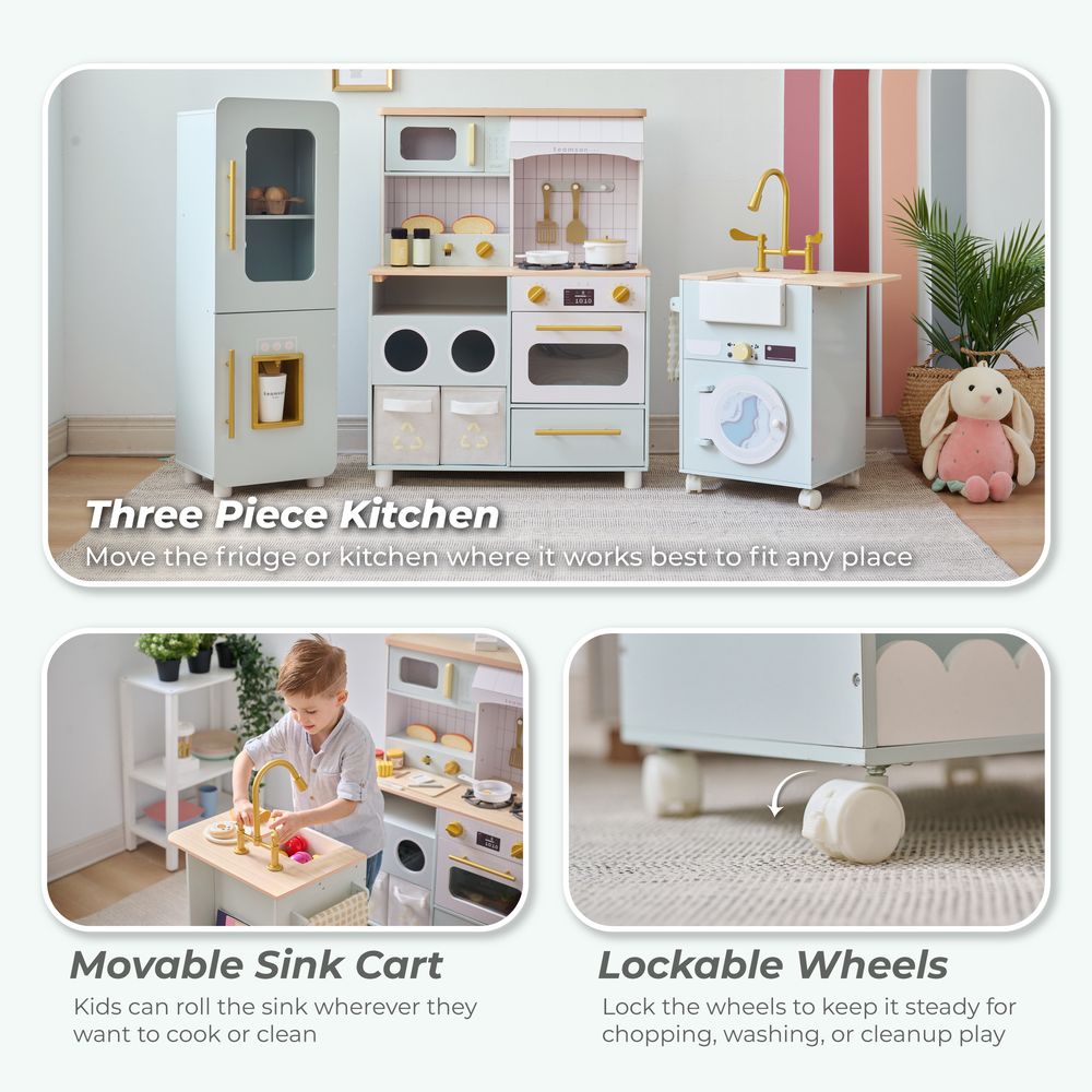 Teamson Kids - Little Chef Savannah Wooden Play Kitchen with 3 Modular Pieces - Light Blue - Preschool