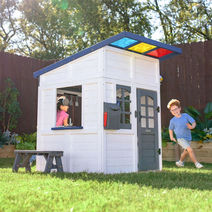 Teamson Kids - Rainbow Shade Wooden Playhouse with Kitchen, Flower Box & Bench - White - Outdoor