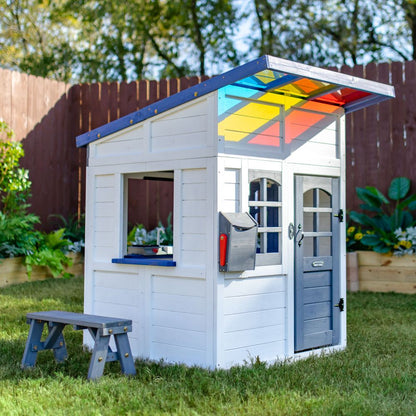 Teamson Kids - Rainbow Shade Wooden Playhouse with Kitchen, Flower Box & Bench - White - Outdoor