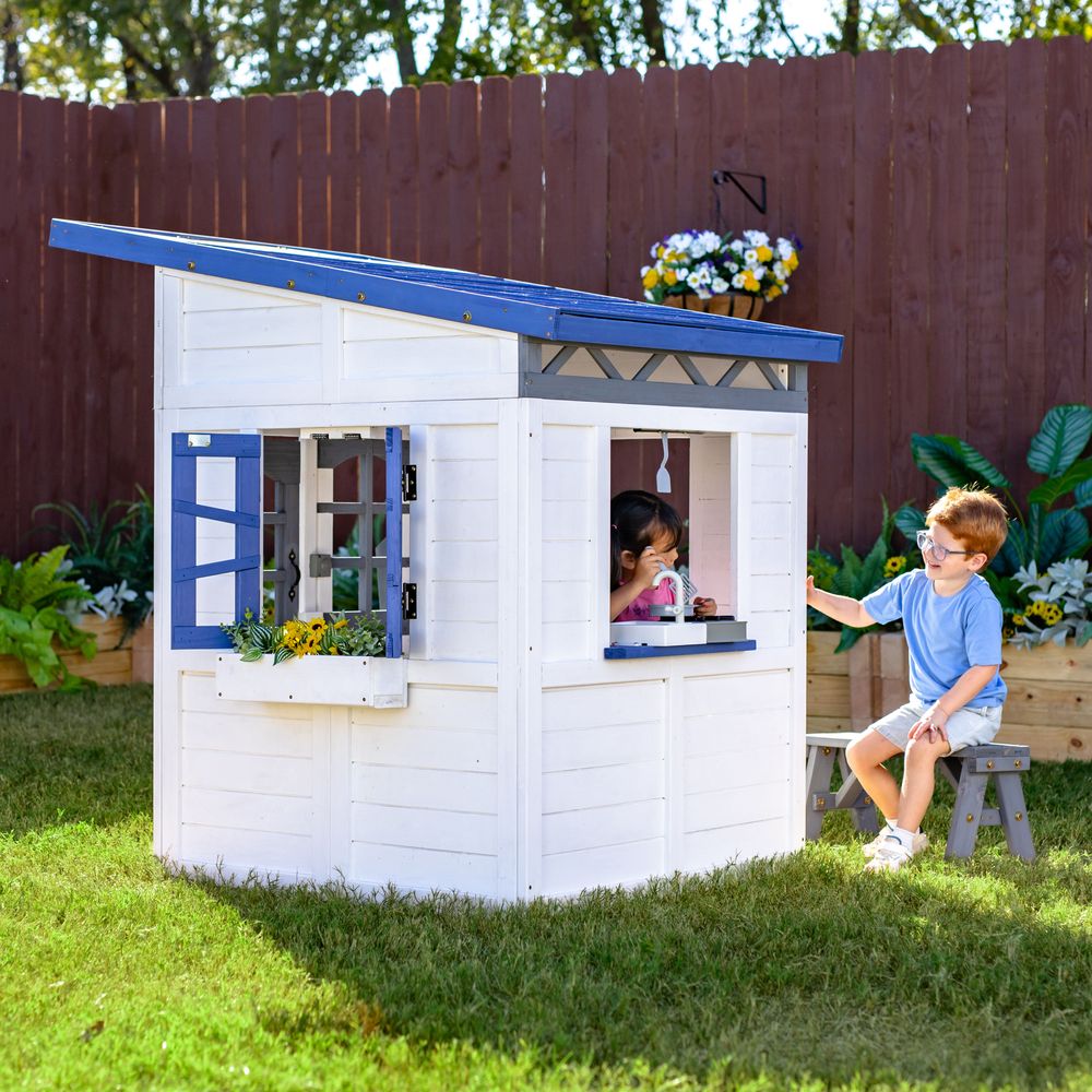 Teamson Kids - Rainbow Shade Wooden Playhouse with Kitchen, Flower Box & Bench - White - Outdoor