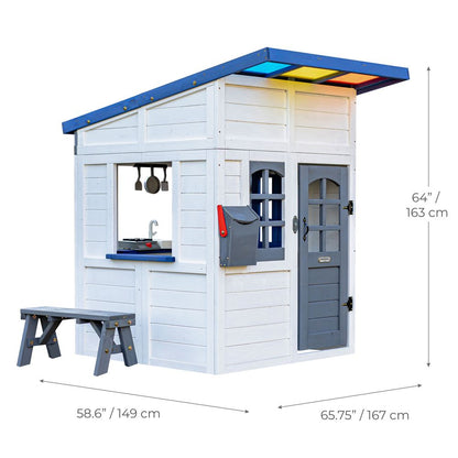 Teamson Kids - Rainbow Shade Wooden Playhouse with Kitchen, Flower Box & Bench - White - Outdoor