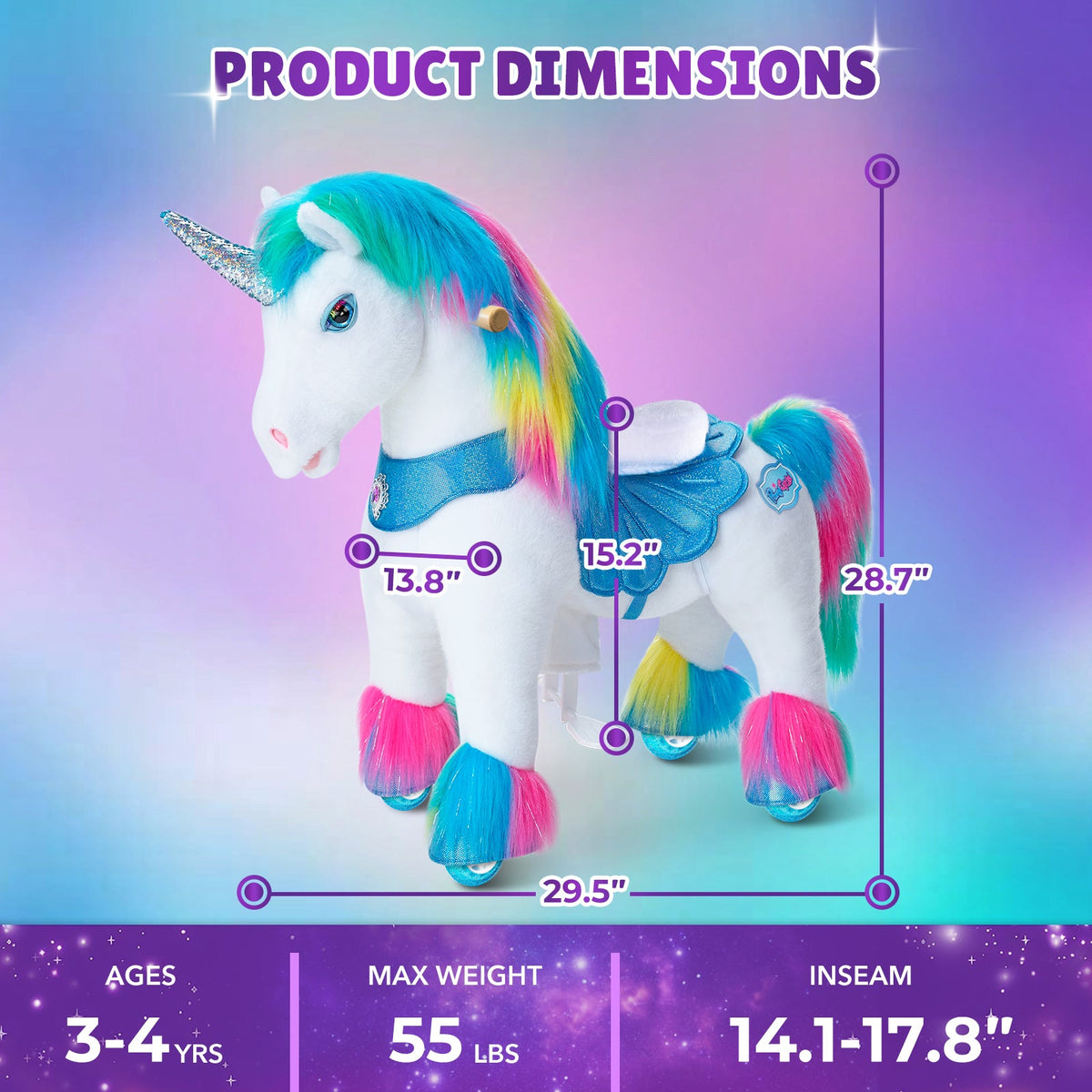 PonyCycle, Inc. - Rainbow Unicorn Model Y Ride on Toy - 3-4 Years - Preschool