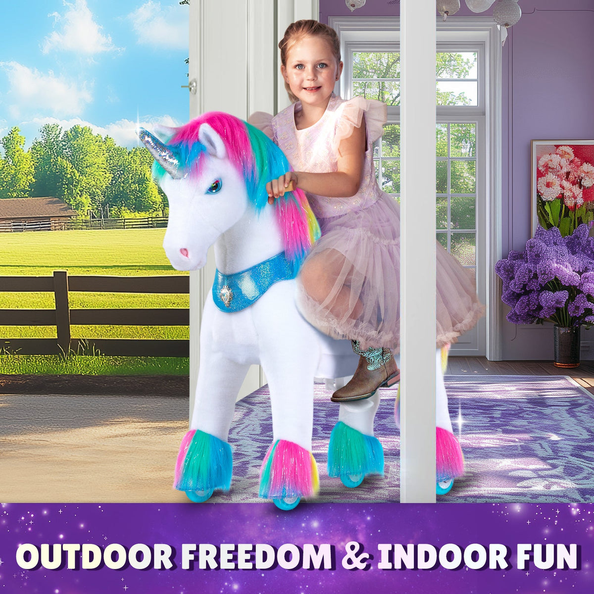 PonyCycle, Inc. - Rainbow Unicorn Model Y Ride on Toy - 4-7 Years - Outdoor