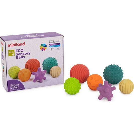 miniland - Set of 6 Natural Rubber Sensory Balls - Infants